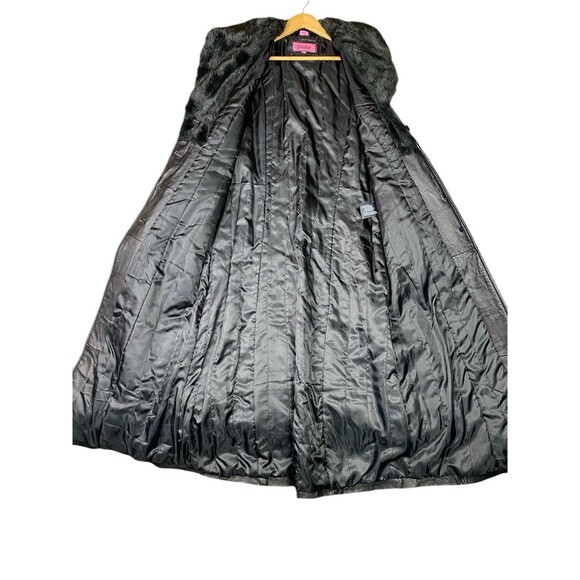 Women's Long Black Leather Trench Coat Faux Fur Trim Excelled Collection Size L - Picture 7 of 12